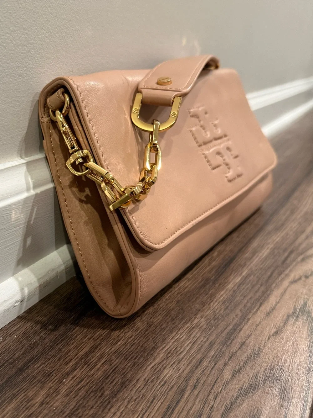 Tory Burch Blush Leather Fold-Over Wristlet with Gold Chain
